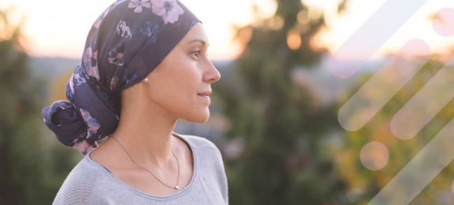 Chemotherapy patient wearing a hair wrap